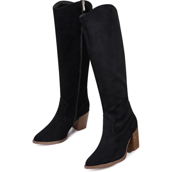 Womens Suede Black Side Zipper Knee High Pointed Toe Chunky Heel Tall Boots - Picture 1 of 8